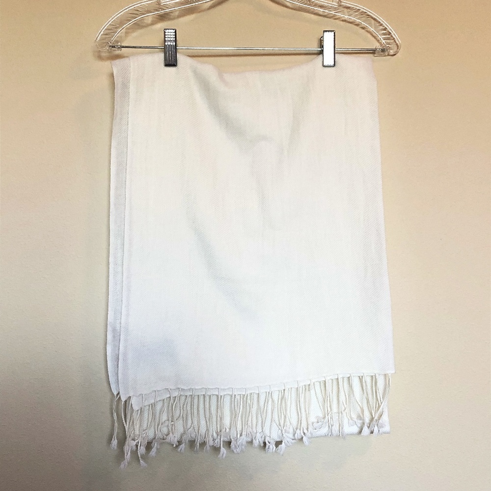 100% Cashmere Scarf Shawl White with Tassels